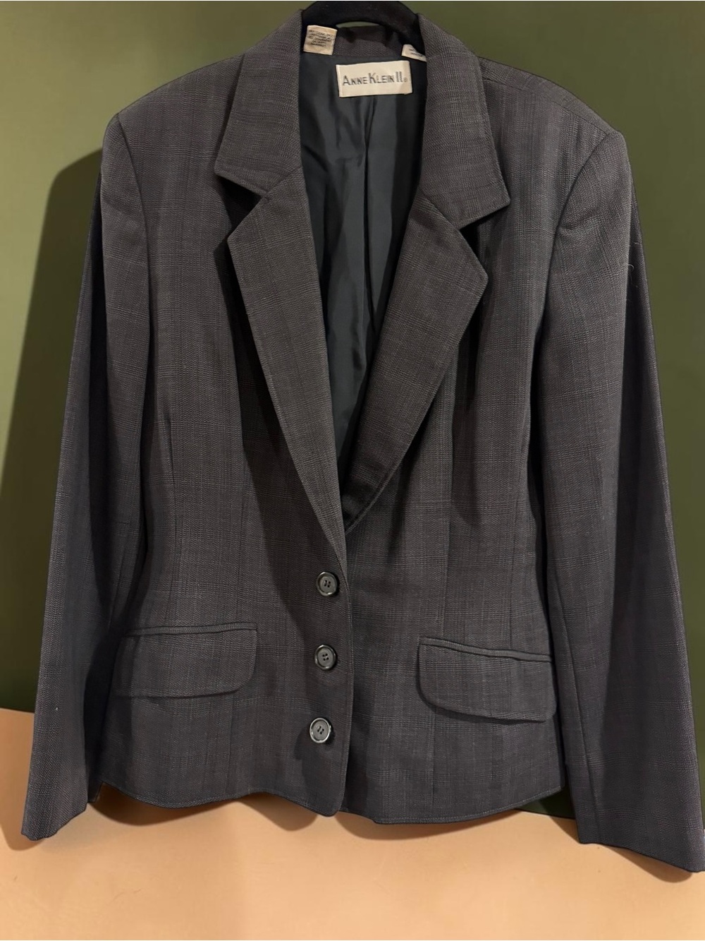 Anne Klein II Plaid Blazer Sz 10 Charcoal Three Button Office Workwear